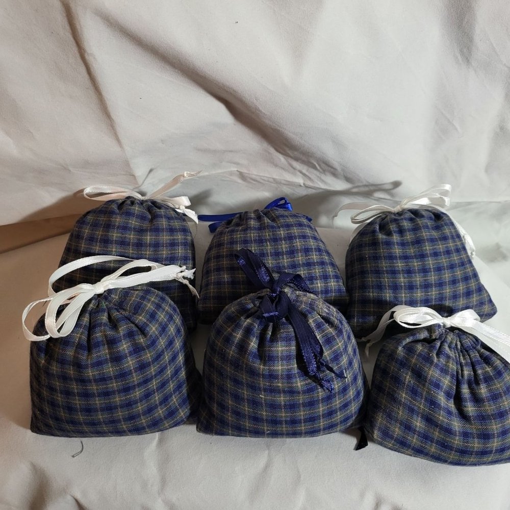Lot of 6 Blue Plaid Homespun Fabric Cedar Sachet W/ Ribbon Tie 2 & 3 OZ